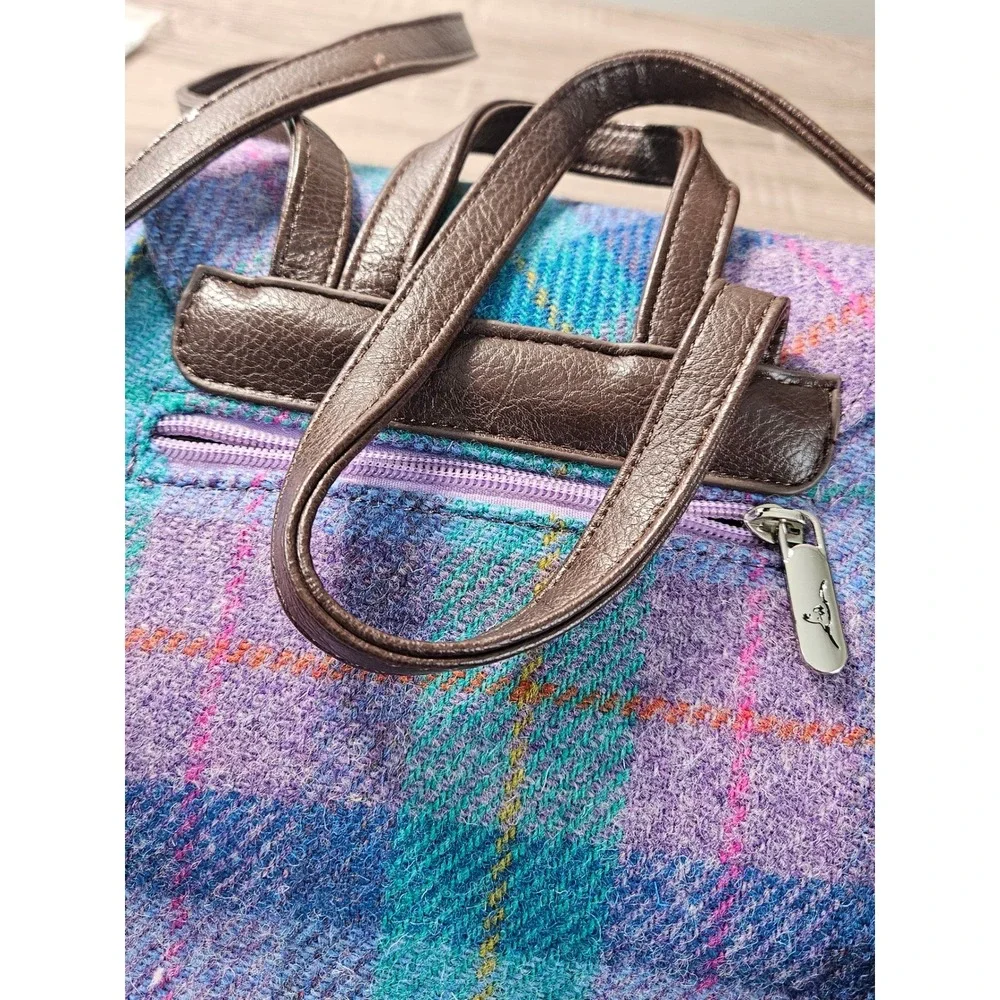 Glen Appin Harris Tweed Wool Plaid Small Backpack Purple Teal Blue Brown Tartan